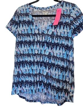 Lilly Pulitzer Saip Boat Navy Stripe Print Tee NWT